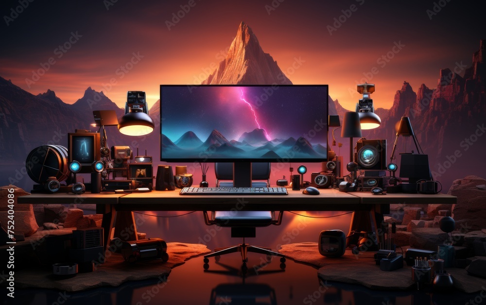 Poster computer monitor on the table in the dark room. 3d rendering
