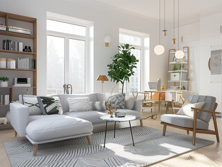 Fototapeta na wymiar modern Scandinavian minimalist living room in white and beige colours
