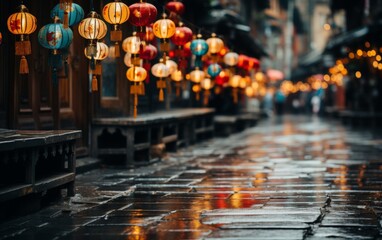 Lanterns on the street at night in Shanghai, China