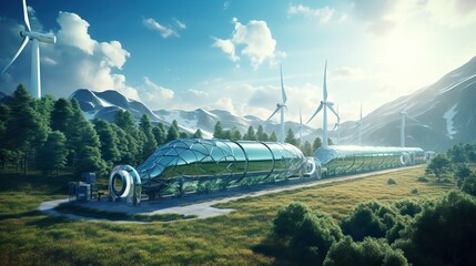 Futuristic Train Travels Over Wind Farm