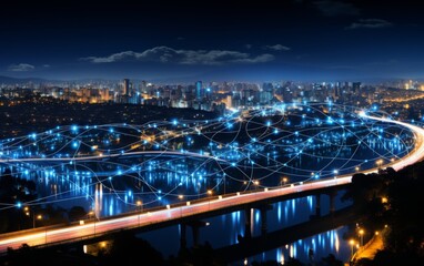 Smart city and internet network connection concept with cityscape at night.