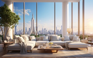 Luxury living room interior with panoramic city view. 3D Rendering