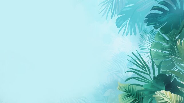 Blue and green summer background with copy space, blue and green illustration of tropical leaves on a blue template banner