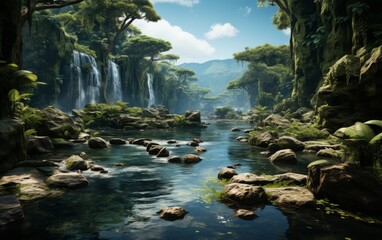 Waterfall in the forest with blue sky and white clouds. 3d rendering - Powered by Adobe