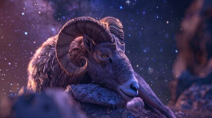 Mystical Aries Ram, surreal cosmic setting, a majestic Aries ram rests on a rock formation under a star-studded purple sky, embodying the essence of the zodiac sign
