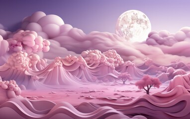 Fantasy landscape with pink clouds and full moon. 3d rendering
