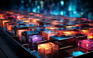 Obraz premium Abstract background with glowing cubes. 3d rendering, 3d illustration.