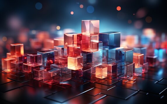 Abstract 3d render of colorful cubes on black background. Futuristic background.