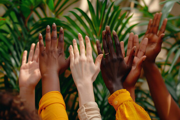 A close-up of diverse hands reaching for the camera in an online videoconference meeting room - obrazy, fototapety, plakaty