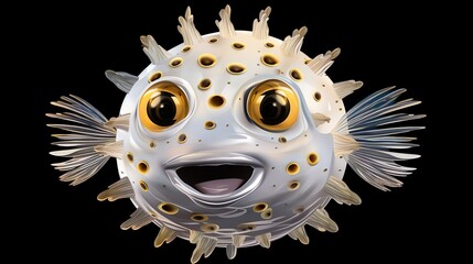 A puffer fish with big eyes and a smile on a black background - obrazy, fototapety, plakaty