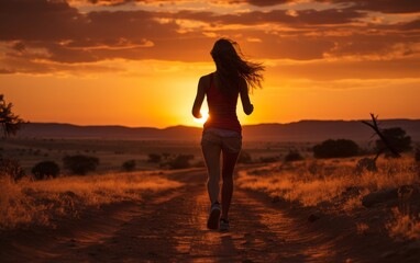 Fototapeta premium Young woman jogging on a dirt road in the desert at sunset