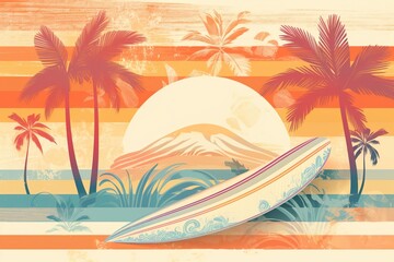 Fototapeta na wymiar A surf retro inspired summer design on a tree palm island