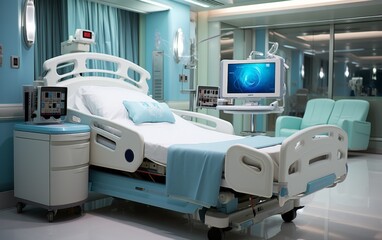 Fototapeta premium Patient bed in a hospital room. 3d rendering image.