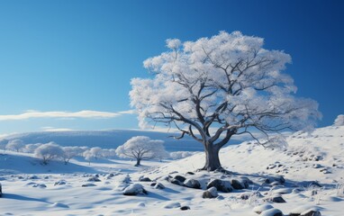 Fototapeta na wymiar Winter landscape with snow covered tree and blue sky. 3d render