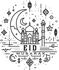 Eid Mubarak typography outline vector. Eid Mubarak Islamic design of the moon and mosque.