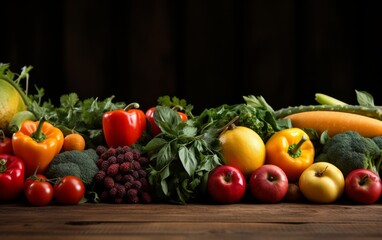Fruits and vegetables on a wooden table. Healthy food background.