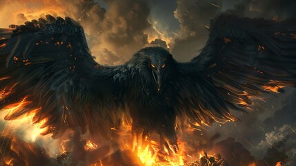 A black mythical creature with fiery eyes spreading its wings over a treasure hoard in a powerful display of rage and ancient magic