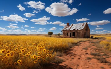 Abandoned house in the middle of a field of sunflowers - Powered by Adobe