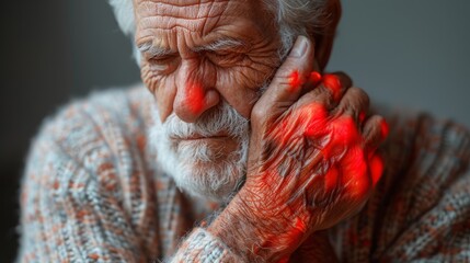 Old man with pain and rheumatism looking miserable in excruciating hand ache. He has a painful wrist colored in red. Health issues problems. - obrazy, fototapety, plakaty