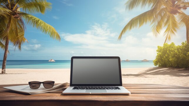 Laptop computer with blank screen on wooden table over tropical beach background, mockup
