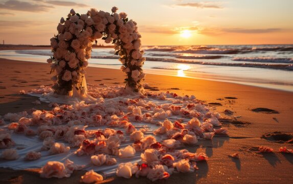 wedding arch on the beach at sunset, beautiful photo digital picture