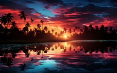 Tropical sunset with palm trees silhouettes and reflection in water