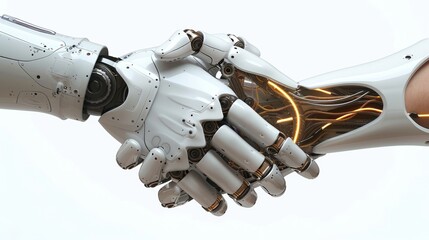 Graphite design of a handshake between humans and robots. Isolated on white background. Conceptual template for friendship between humans and robots.
