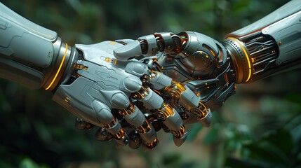 An example of friendship between a human and a robot. Artificial intelligence technology design concept. A picture of a human hand shaking a robot hand.