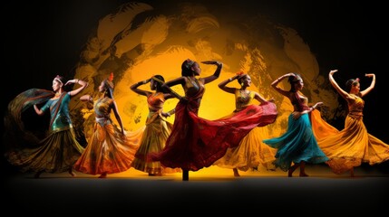 Indian dancers performing in front of a dark background with copy space.