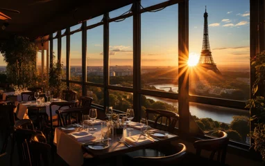 Gardinen Eiffel tower and cafe in Paris, France at sunset. © Miguel