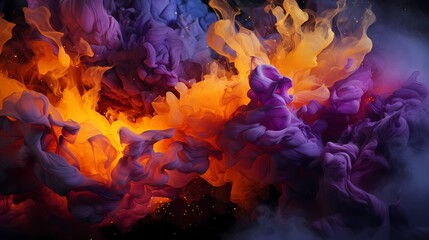 Electric violet and molten gold liquids clash, generating a vibrant burst of energy that paints the air with abstract patterns of astonishing beauty. HD camera captures 