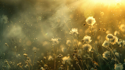 Flower field. Flower pollen in the air. Flowering and spring allergies concept.