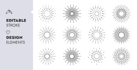 Sun Rays Decorative Frames, Sunburst Rays Design Elements. Vector Illustration Editable Stroke
