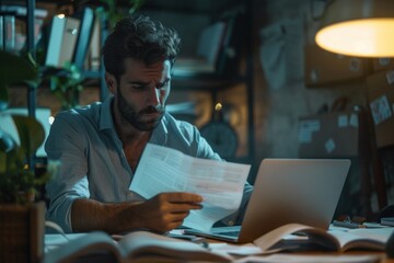 Serious and upset businessman checking and analyzing documents financial reports, thinking hispanic man reviewing contracts on paper work, man inside office at workplace with laptop, Generative AI