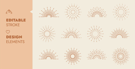 Retro Sunburst Rays, Radiant Sunset Sunrise, Sun rays thin line art, Editable stroke vector illustration