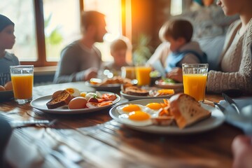 Huevos estrellados con pan en platos y jugo de naranja en la mesa. El desayuno en una mañana soleada, al fondo los miembros de la familia desayunando. - obrazy, fototapety, plakaty