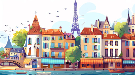 Obraz premium living in France, old town city illustration in cartoon style