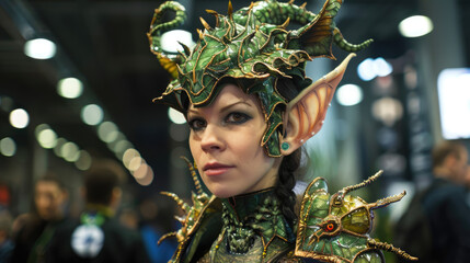 Girl in an elf costume against the backdrop of a cosplay event - obrazy, fototapety, plakaty