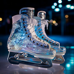 close up of ice skates on shiny background, christmas theme.