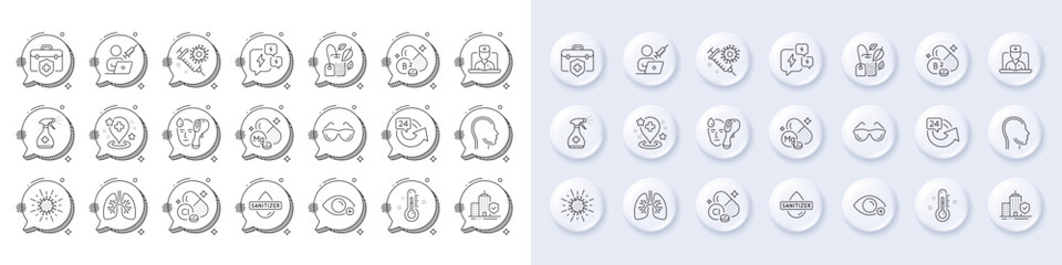 Apartment insurance, Electronic thermometer and Hospital line icons. White pin 3d buttons, chat bubbles icons. Pack of Head, Medical cleaning, Riboflavin vitamin icon. Vector