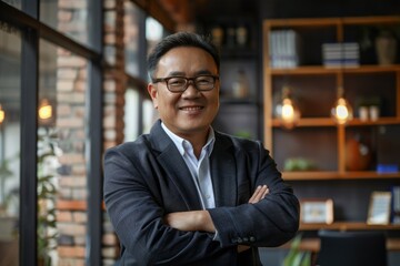Portrait of successful asian businessman inside office at workplace, man in business suit smiling looking at camera, mature boss with crossed arms, successful financier, Generative AI