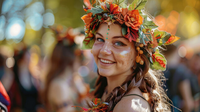 Girl in an elf costume against the backdrop of a cosplay event