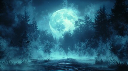Fototapeta na wymiar Gloomy dark forest scene. Big moon, moonlight. Smoke, shadow. Abstract dark, cold street background. Night view.