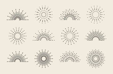 Sunburst Rays Design Elements, Sun Rays Decorative Frames. Line Art Vector Illustration