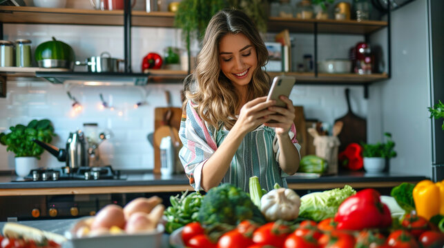 Woman food blogger cooking and make a video with smartphone. 