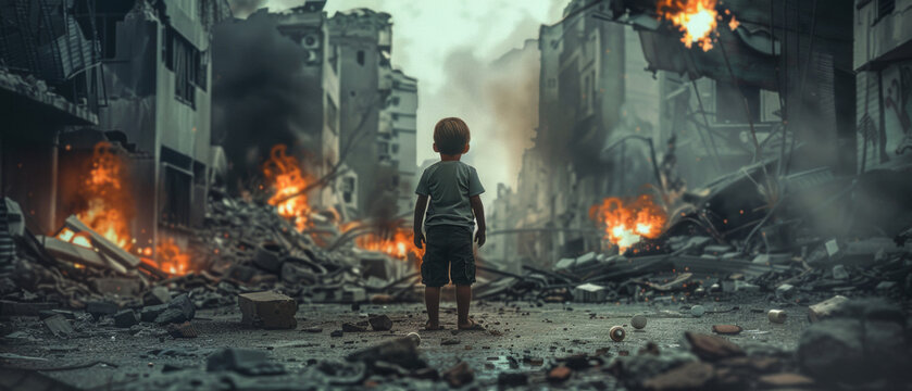 A child peers into a post-apocalyptic urban landscape, evoking deep reflection.