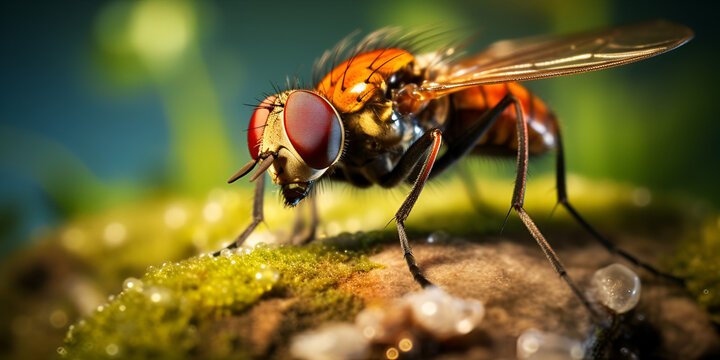 Comman fruit fly, Fruit Flies Farm their own Probiotics, Flesh Fly, BEAUTY OF INSECTS, A fly sits on a piece of food, Generative AI  