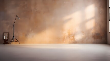 Abstract stylish photo studio portrait background. Wall scratch blur light cream paint grunge backdrop.