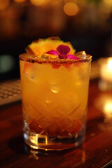 A tropical cocktail adorned with a flower garnish.