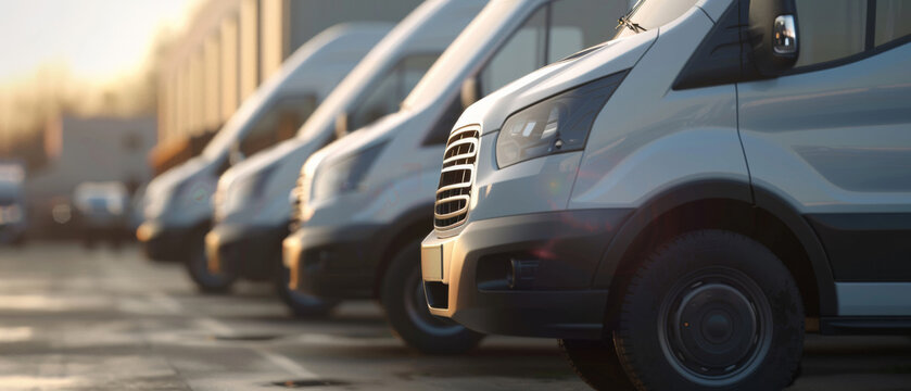 Row of white delivery vans lined up against the golden light of sunset.